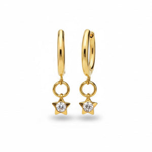 Aros Aura de acero inoxidable dorado con colgante de estrella y cristal blanco facetado, sobre fondo blanco. Pendientes pequeños y ligeros de la colección Aura de Algo de Olga.