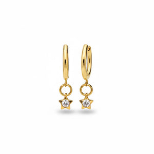 Aros Aura de acero inoxidable dorado con colgante de estrella y cristal blanco facetado, sobre fondo blanco. Pendientes pequeños y ligeros de la colección Aura de Algo de Olga.
