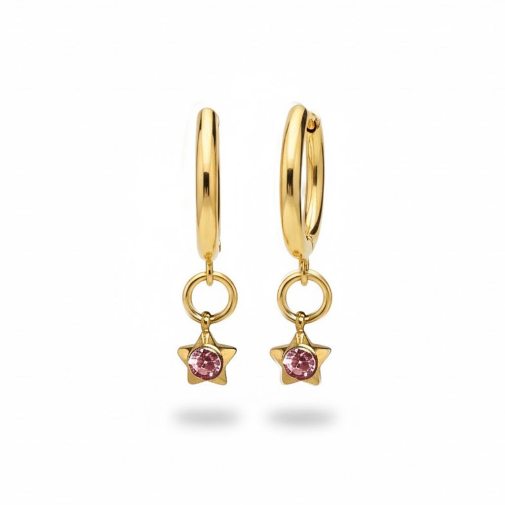 Aros Aura de Algo de Olga — pendientes de aro dorado de 14 mm con charm de estrella y cristal rosa, en acero inoxidable