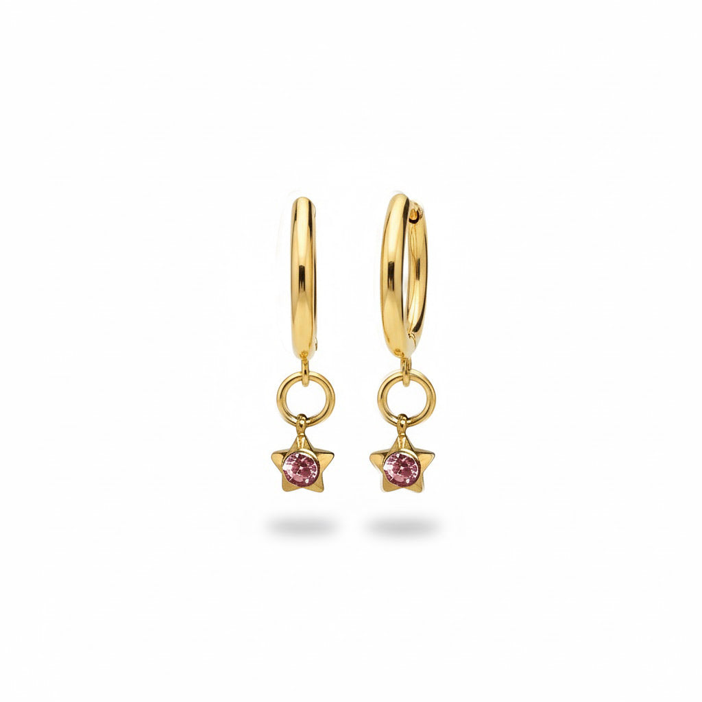Aros Aura de Algo de Olga — pendientes de aro dorado de 14 mm con charm de estrella y cristal rosa, en acero inoxidable