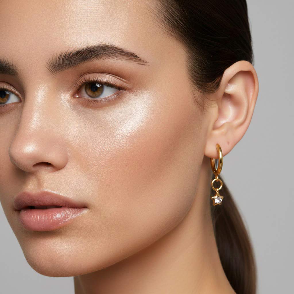 Modelo llevando los Aros Aura de acero dorado con estrella y cristal blanco de Algo de Olga. Pendientes ligeros y elegantes, perfectos para el día a día.