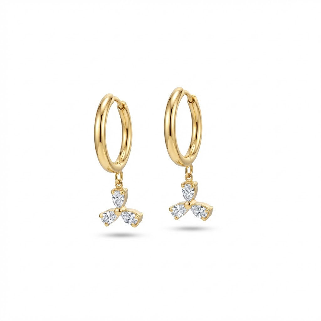 Aros dorados con colgante de cristales facetados — pendientes elegantes para boda, fiesta o día a día en acero inoxidable