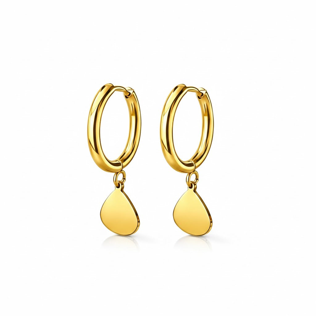 Pendientes de aro dorados con colgante de gota — aros minimalistas de acero inoxidable aptos para pieles sensibles, ideales para uso diario y regalo