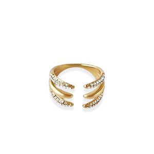 Anillo Jenner de acero dorado abierto con tres bandas y cristales blancos, vista frontal