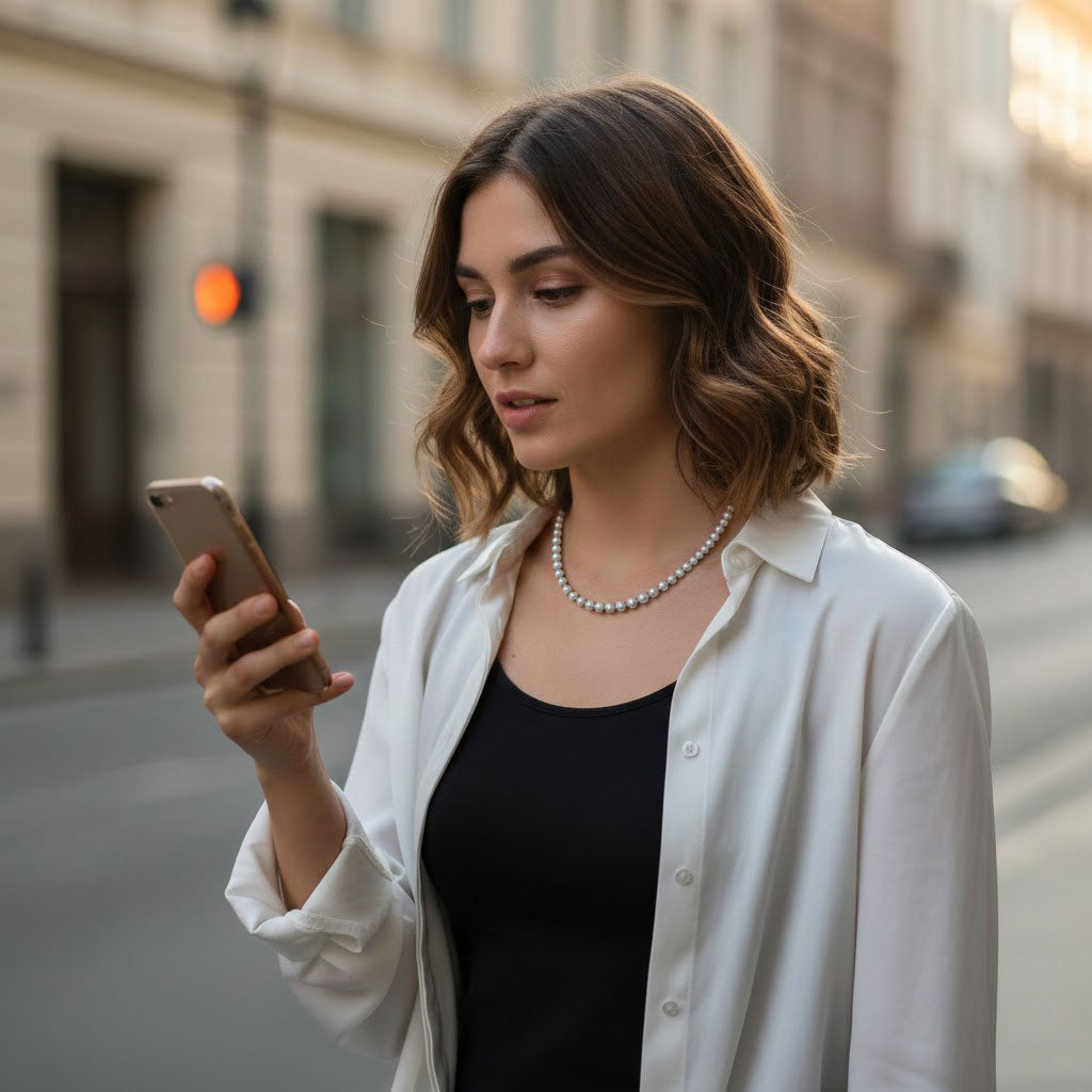Mujer con collar de bolitas de plata de ley — collar minimalista para uso diario y oficina, plata de ley.