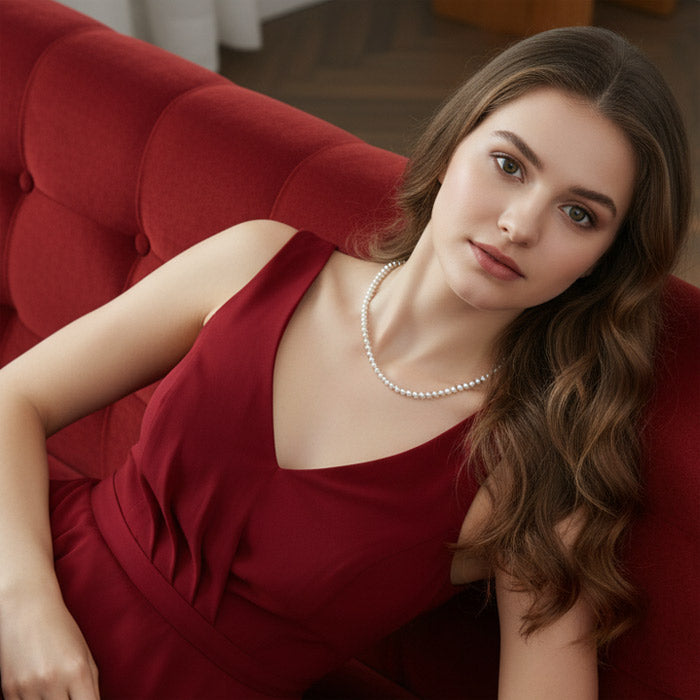 Mujer con collar de bolitas de plata de ley con vestido rojo — gargantilla elegante para ocasiones especiales e invitadas