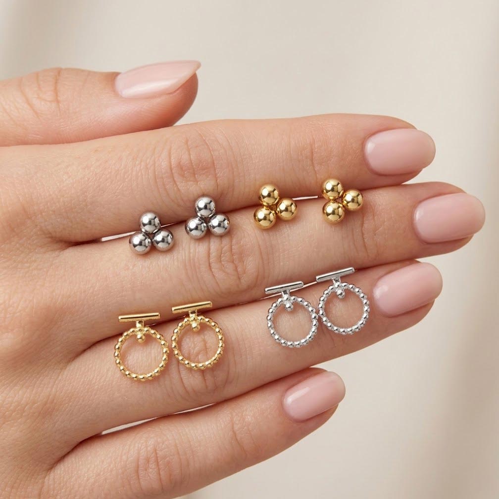 Pendientes mini acero dorado y plata conjunto bolitas círculo joyería minimalista algodeolga