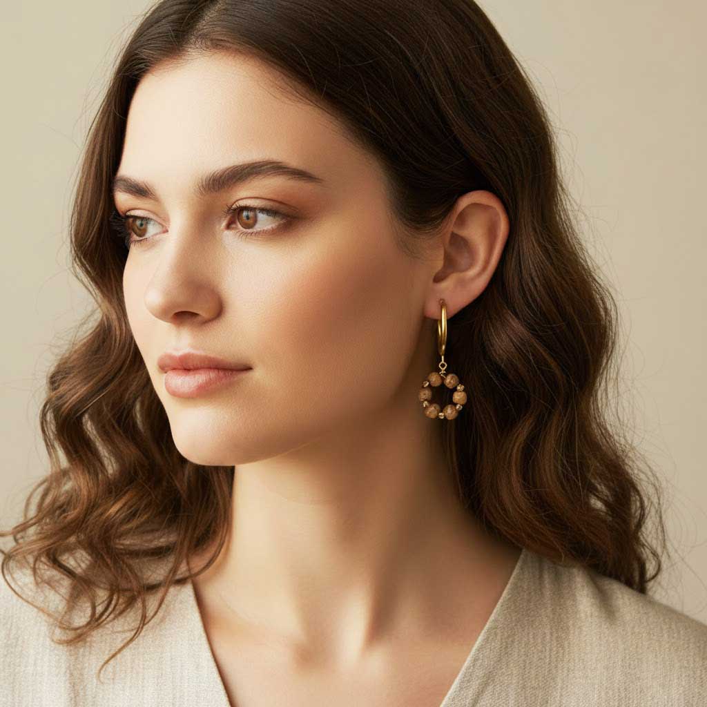 Detalle de pendientes Ailing con aro dorado y colgante de piedra de la imagen en tonos tierra