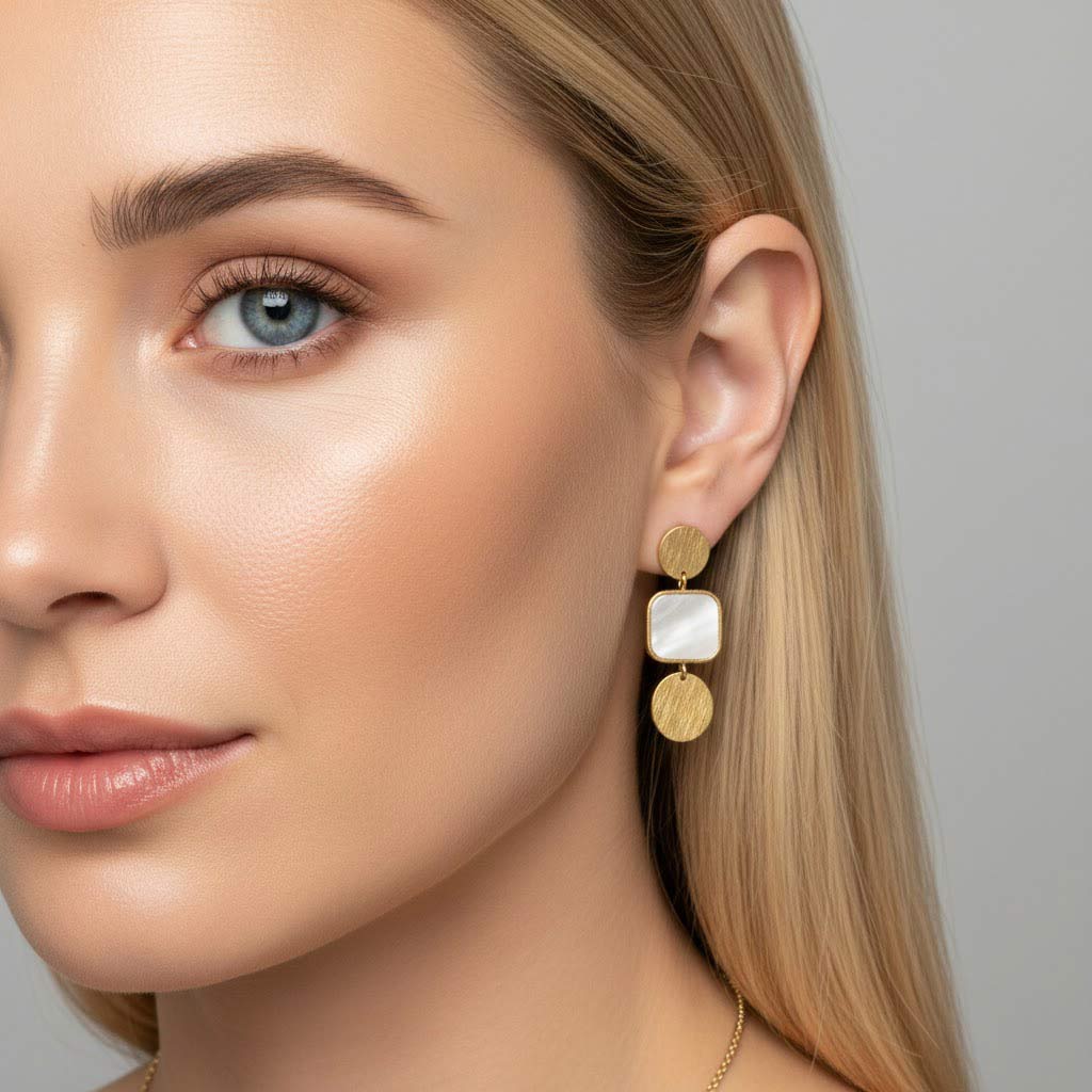 Pendientes Amanda dorados con nácar natural geométricos colgantes acero quirúrgico algodeolga