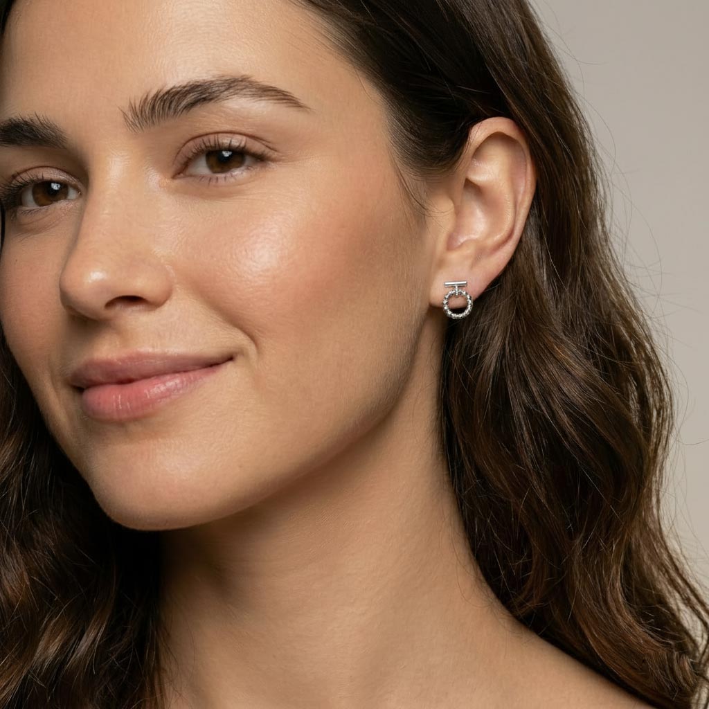 Pendientes Chía plateados barra y círculo bolitas acero quirúrgico pequeños elegantes algodeolga