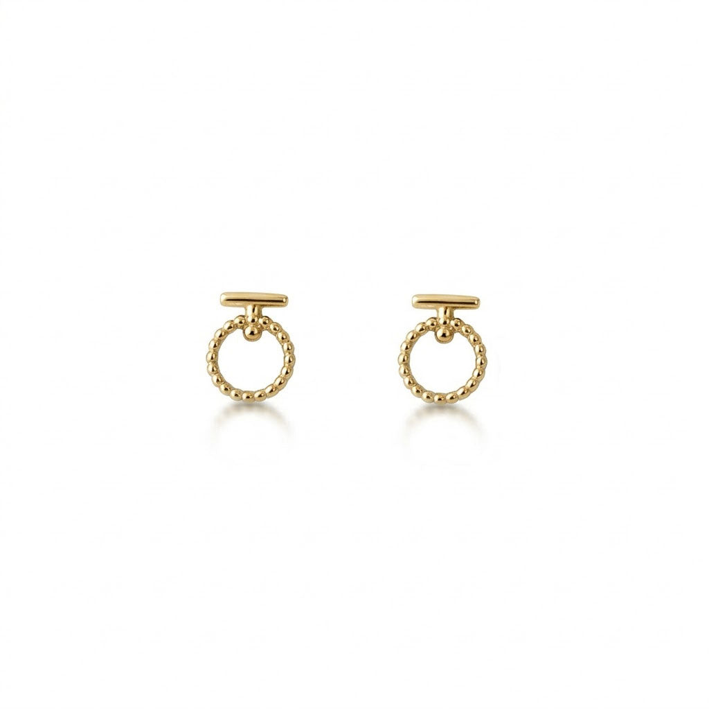 Pendientes Chía acero dorado barra círculo bolitas pequeños minimalistas joyería artesanal algodeolga