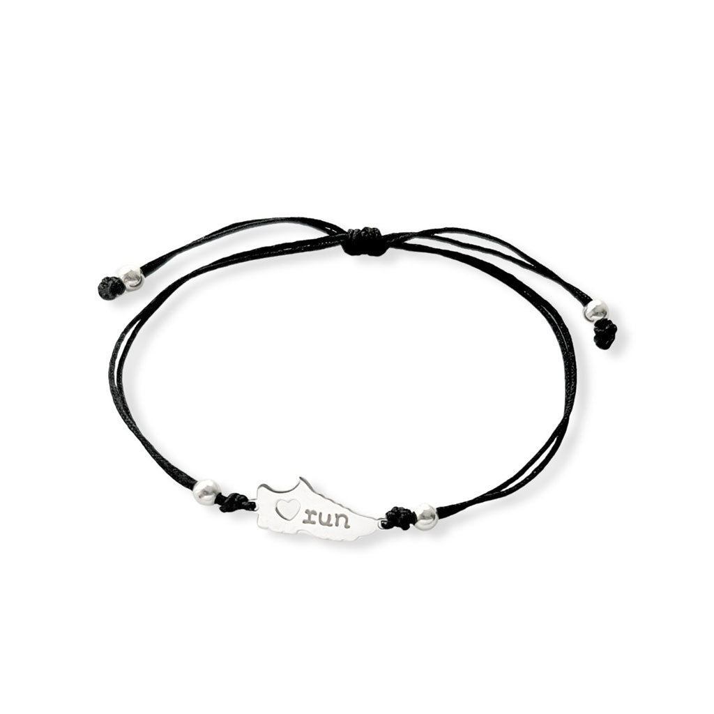 Pulsera de running en plata de ley con cordón macramé negro — pulsera runner ajustable hecha a mano, regalo para corredora