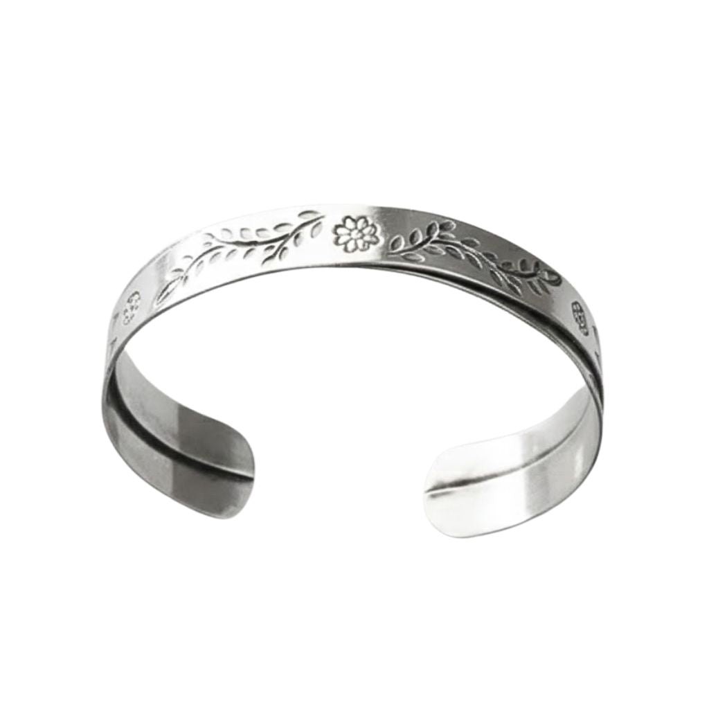 Brazalete de plata de ley 925 con grabados florales artesanales