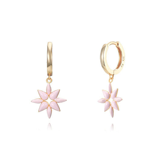 Pendientes aro flor esmaltada rosa en plata de ley bañada en oro