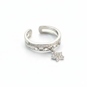 Anillo Estrella y Cadena plata de ley, doble banda circonitas y cadena con charm estrella