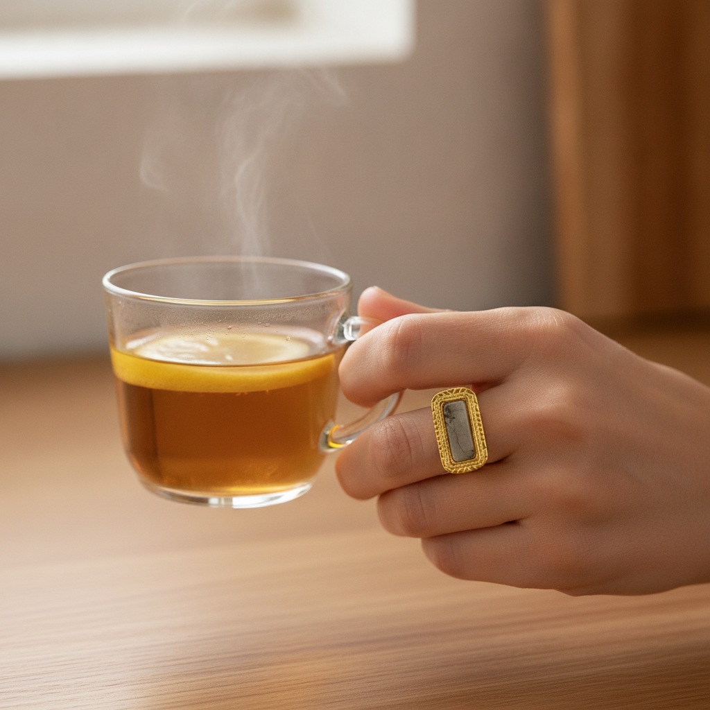 Mano con anillo de acero dorado y turmalina sujetando una taza de té. Semipreciosa de cuarzo montada en un anillo de acero.
