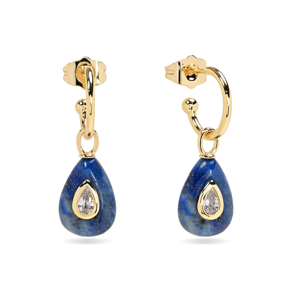 Pendientes de aro Aoki dorados con colgante de lapislázuli azul en forma de lágrima y circonita