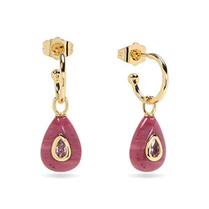 Pendientes de aro Aoki dorados con colgante de rodonita rosa en forma de lágrima y circonita