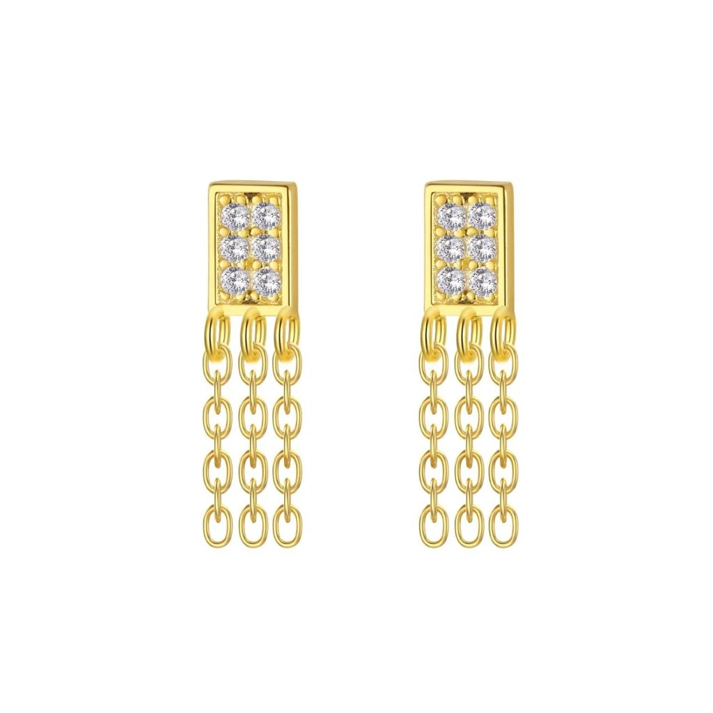 Pendientes Kaia dorados con placa de circonitas blancas y tres cadenas colgantes