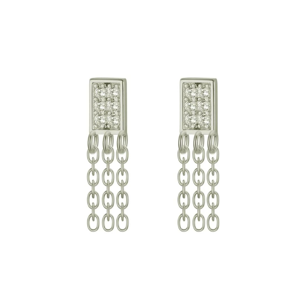 Pendientes Kaia de plata rodiada con placa de circonitas blancas y tres cadenas colgantes