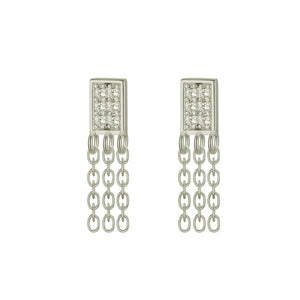 Pendientes Kaia de plata rodiada con placa de circonitas blancas y tres cadenas colgantes